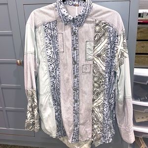 Free People Patchwork Button Down Shirt - Gray and White
